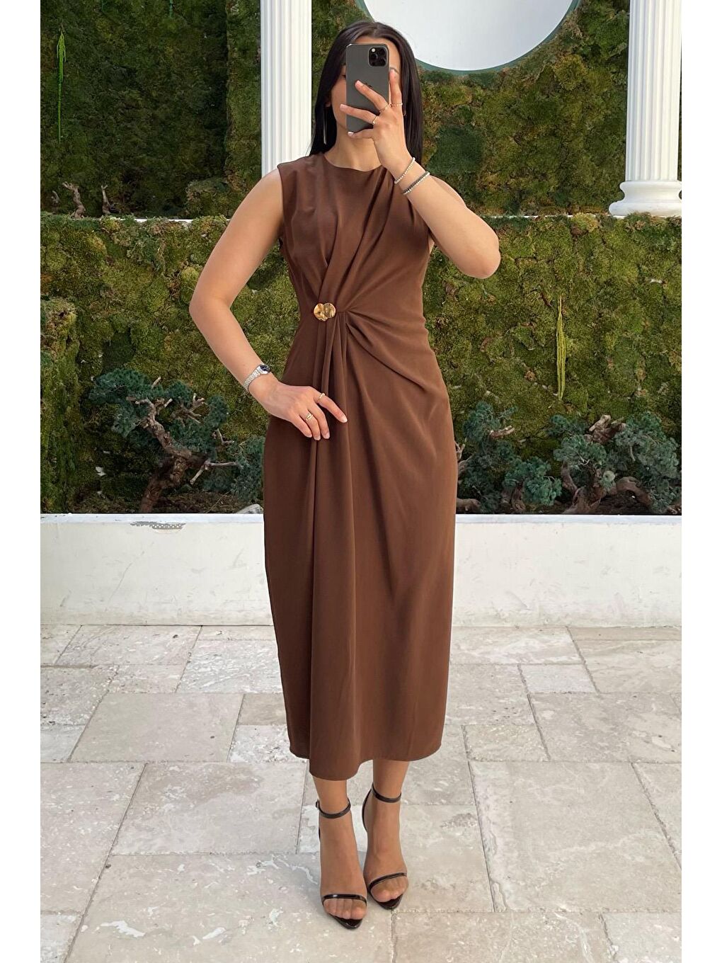 Kahverengi Bronşlu Midi Boy Kadın Elbise Mg2418-4