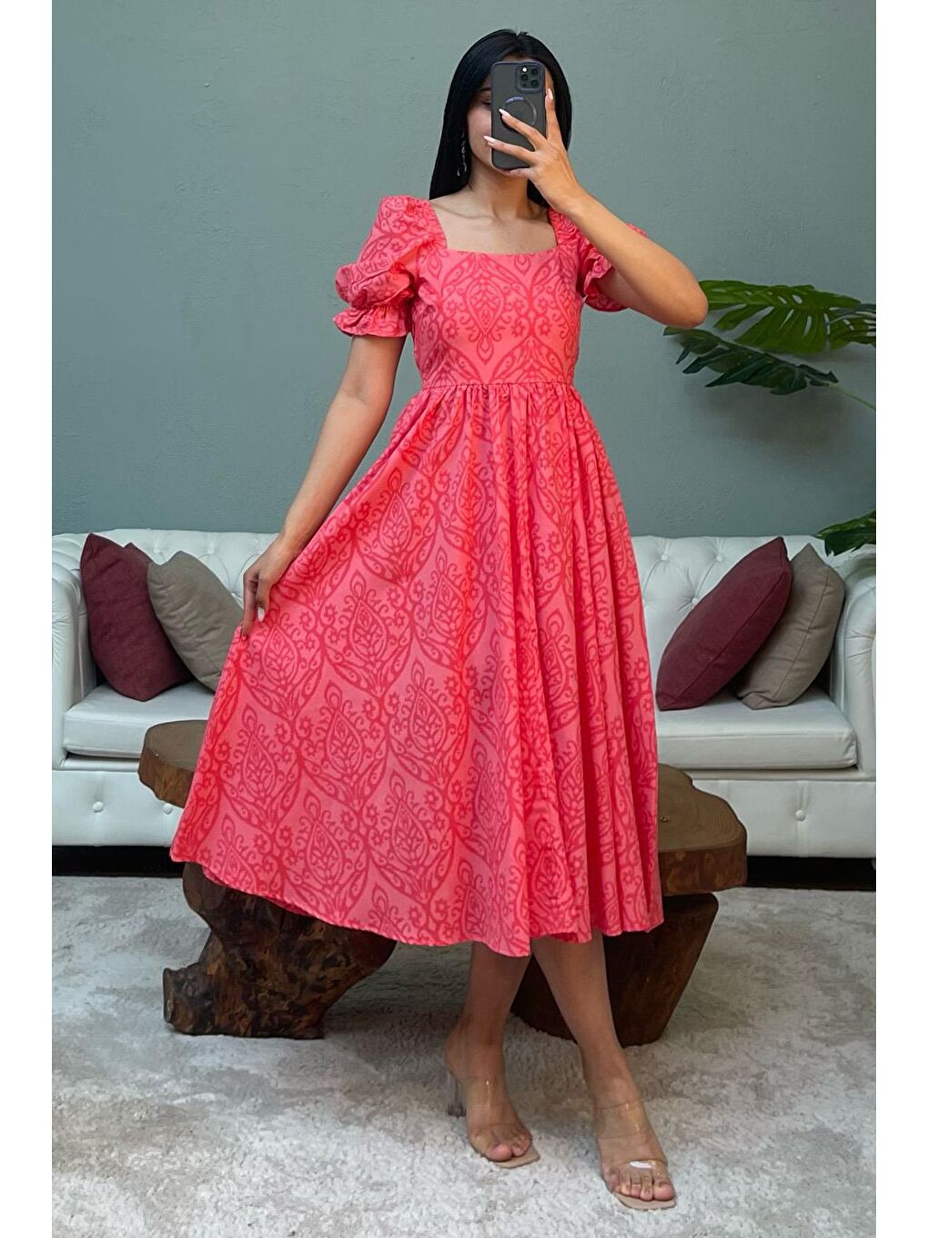 Kırmızı Balon Kol Desenli Midi Boy Kadın Elbise Mg2419