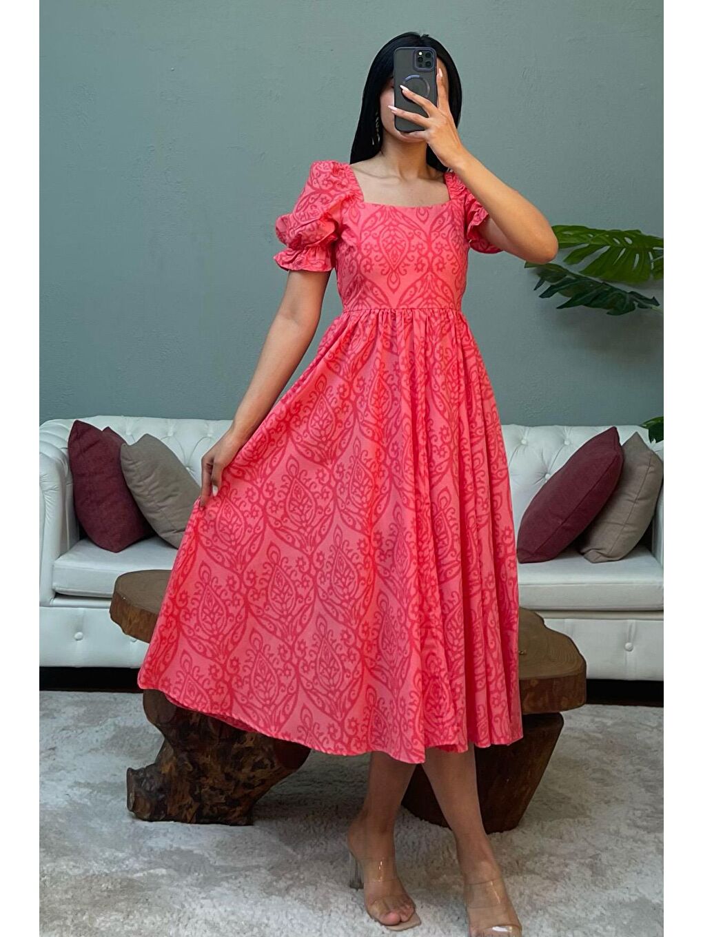 Kırmızı Balon Kol Desenli Midi Boy Kadın Elbise Mg2419-1