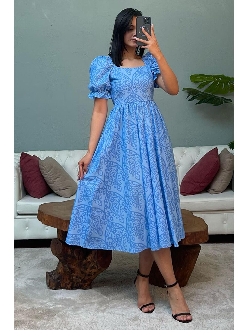 Mavi Balon Kol Desenli Midi Boy Kadın Elbise Mg2419