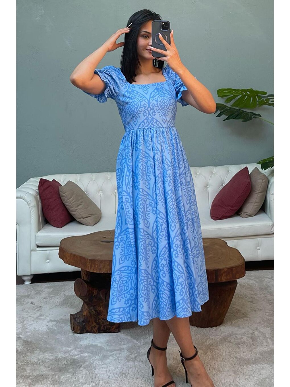 Mavi Balon Kol Desenli Midi Boy Kadın Elbise Mg2419-1