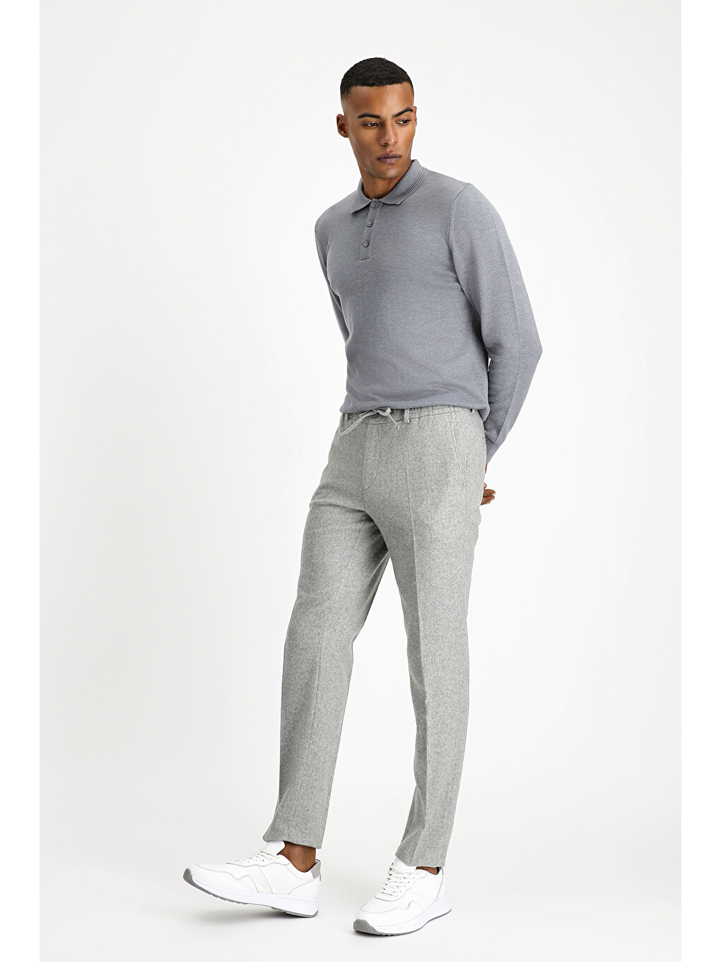 Gri Slim Fit Dar Kesim Yünlü Beli Lastikli İpli Klasik Pantolon