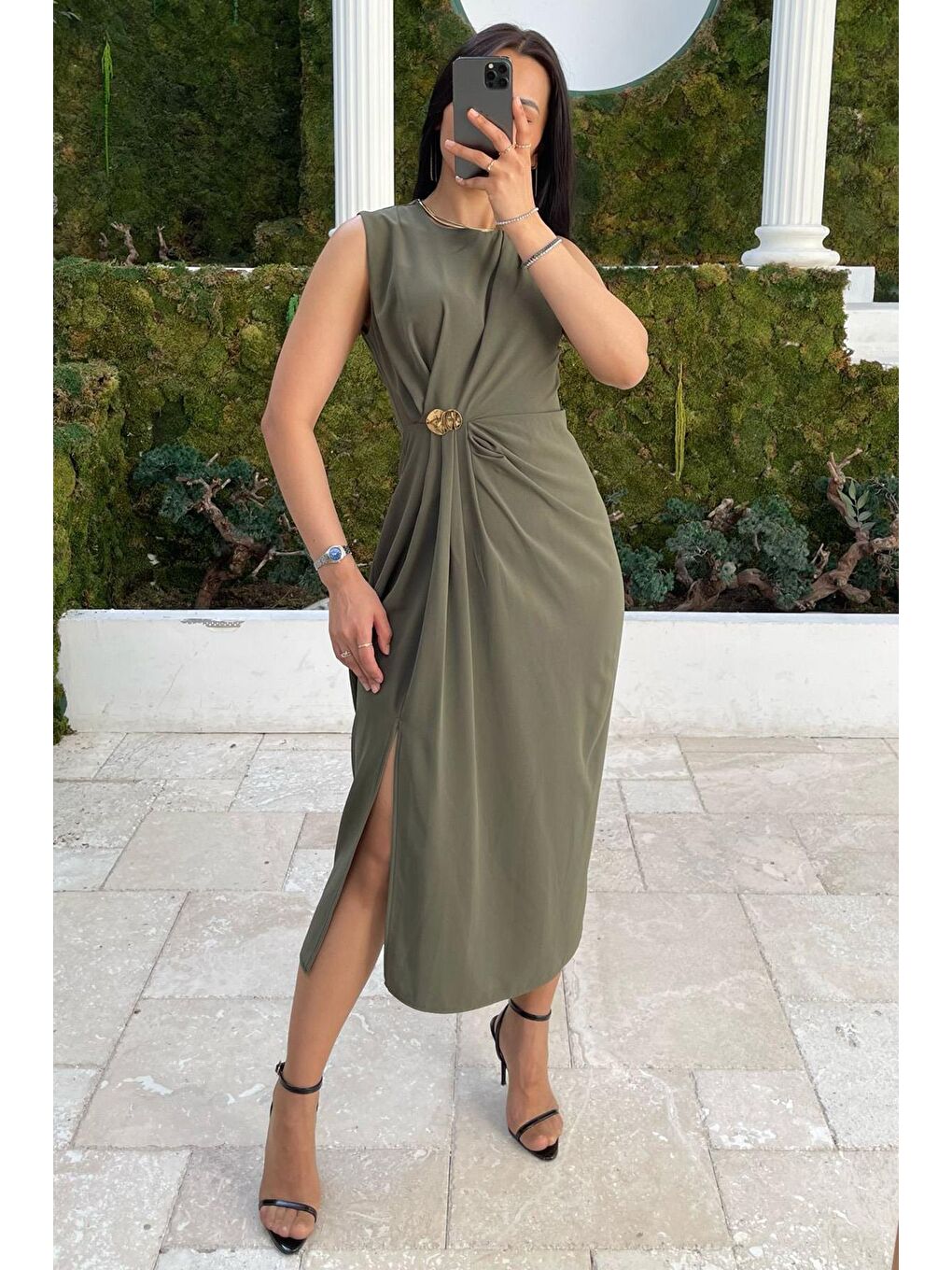 Haki Bronşlu Midi Boy Kadın Elbise Mg2418-2