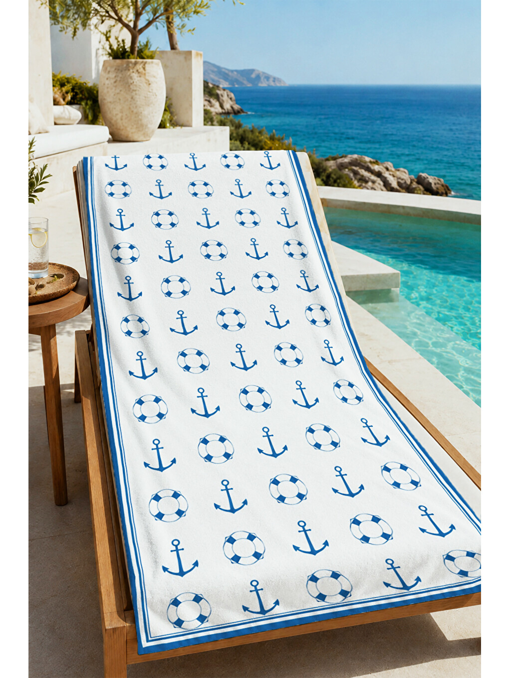 Nautical Beyaz Zemin Mini Mavi Çapa Desenli 70x150 Plaj Havlusu - Dijital Baskılı Banyo Havlusu