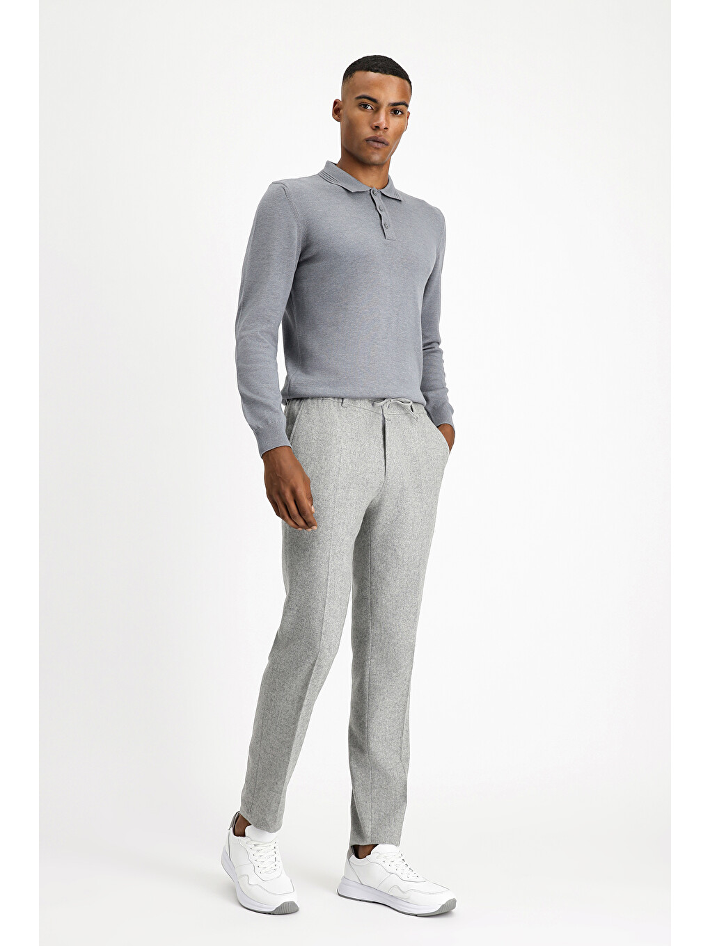 Gri Slim Fit Dar Kesim Yünlü Beli Lastikli İpli Klasik Pantolon-1