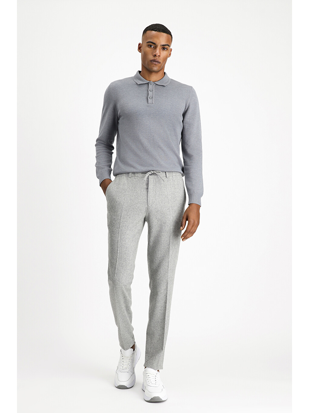 Gri Slim Fit Dar Kesim Yünlü Beli Lastikli İpli Klasik Pantolon-2