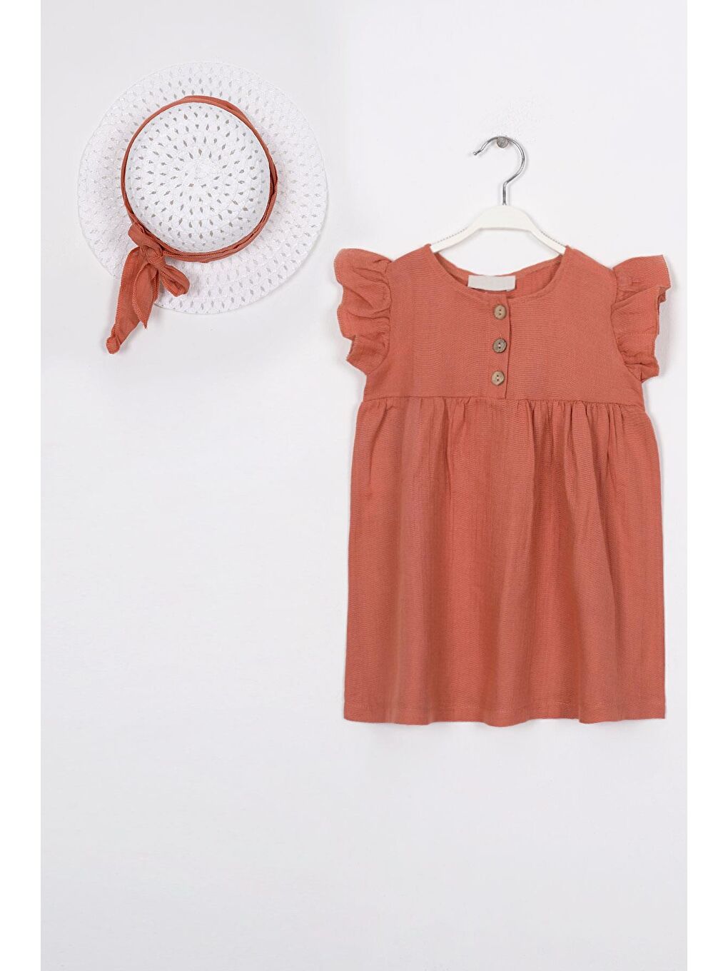 Kahverengi Önü Düğmeli Kiremit Renk Kız Çocuk Elbise