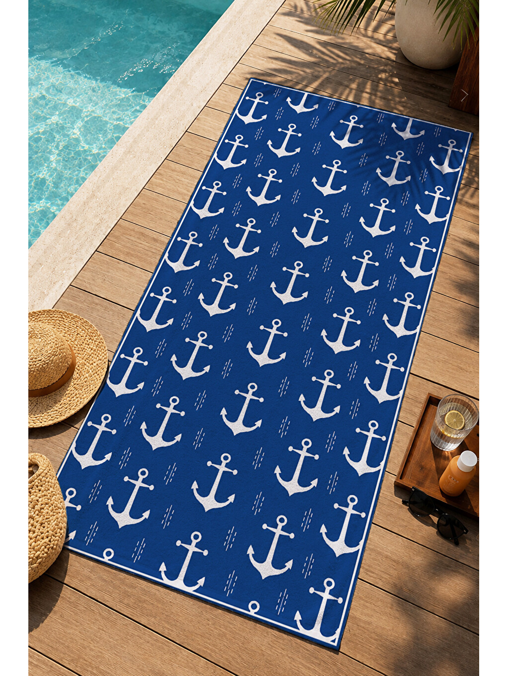 Denizci Lacivert Mini Çapa Tekrarlı Desenli 70x150 Plaj Havlusu - Dijital Baskılı Banyo Havlusu-4