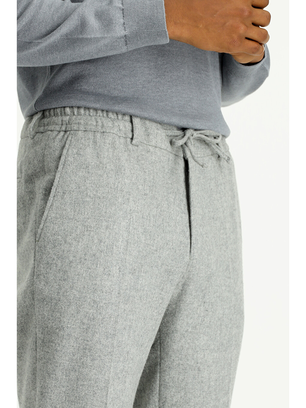 Gri Slim Fit Dar Kesim Yünlü Beli Lastikli İpli Klasik Pantolon-3