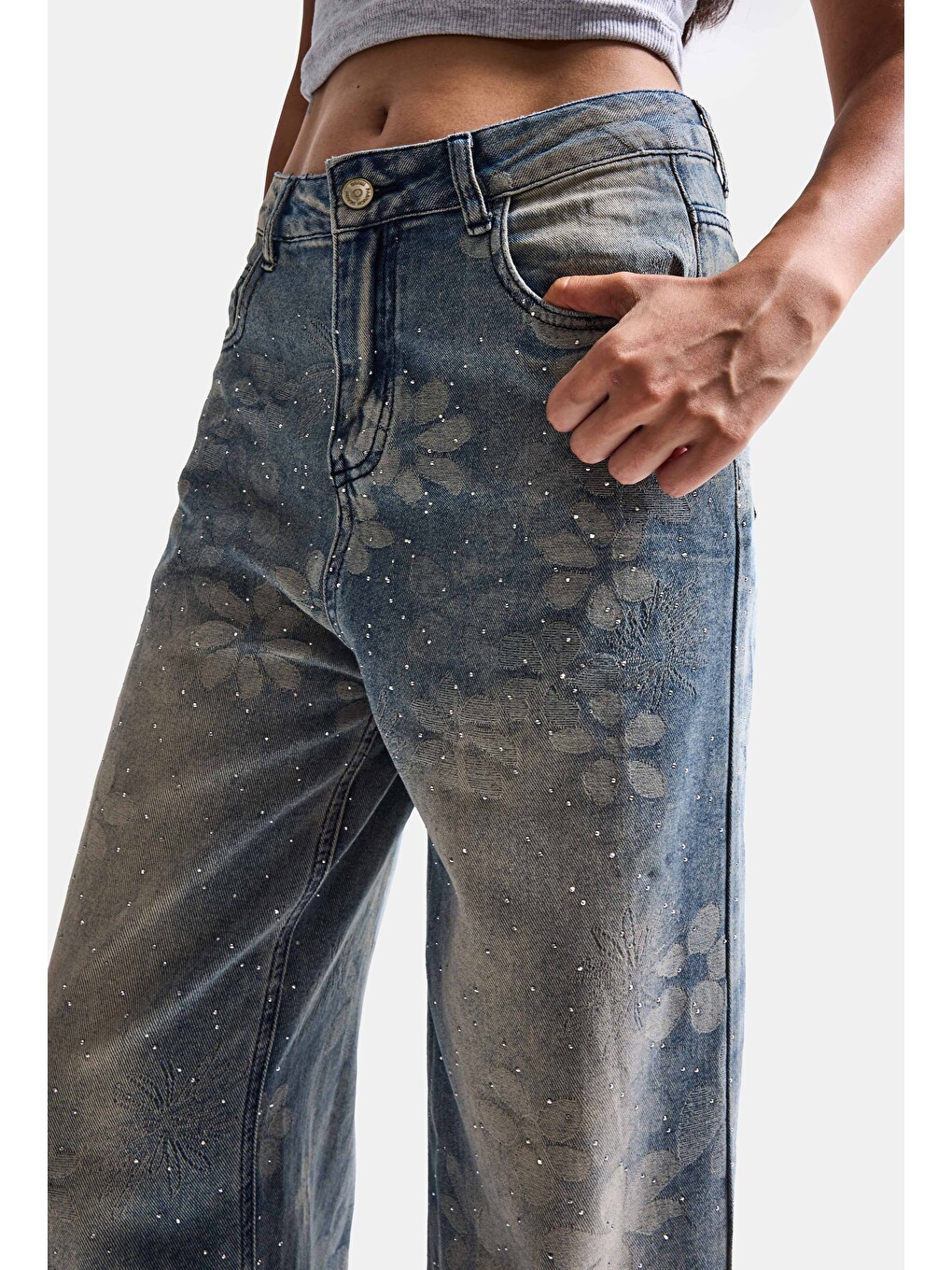 Kadın Mavi Baggy Fit T12t Özel Desenli Kumaş Parlak Taşlı Tasarım Denim Jean-1