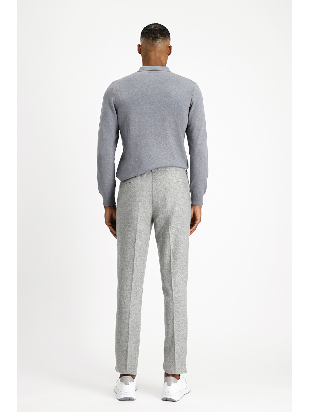 Gri Slim Fit Dar Kesim Yünlü Beli Lastikli İpli Klasik Pantolon-4