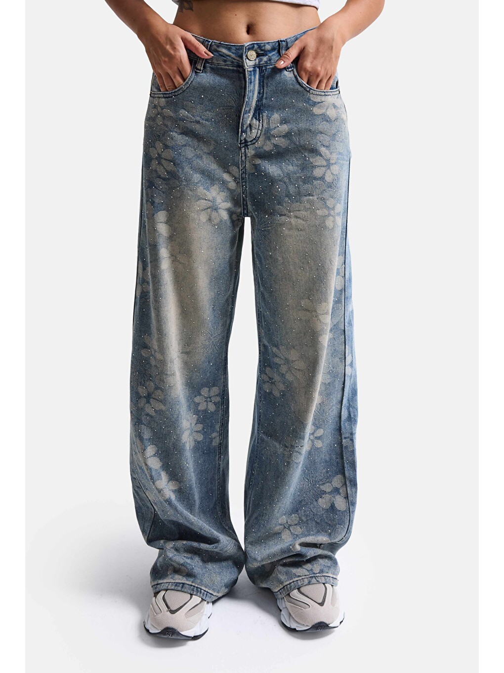 Kadın Mavi Baggy Fit T12t Özel Desenli Kumaş Parlak Taşlı Tasarım Denim Jean-2