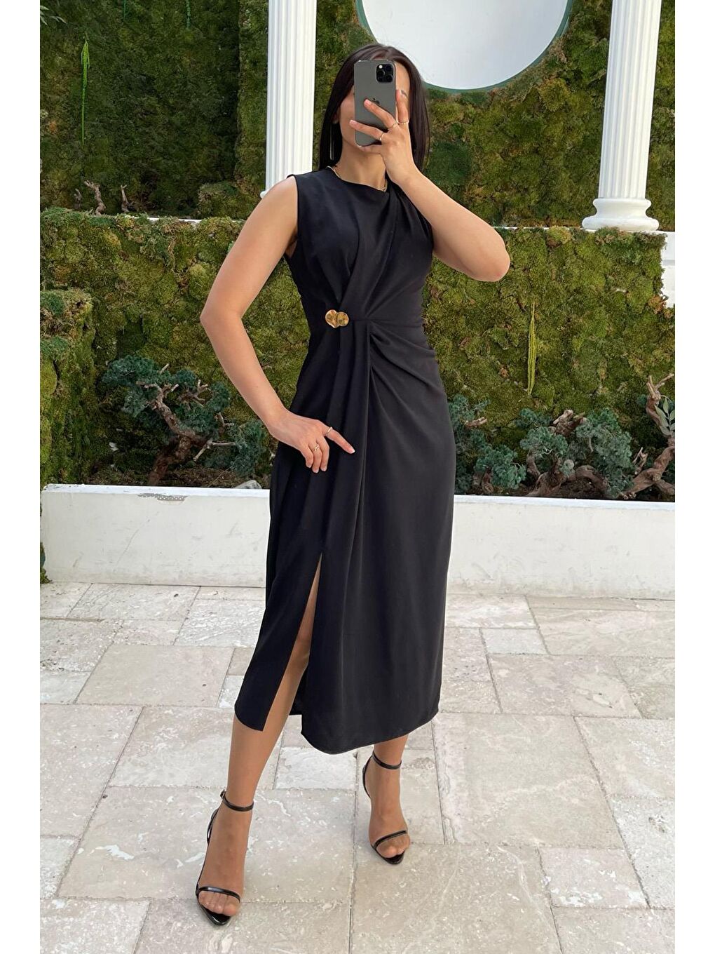 Siyah Bronşlu Midi Boy Kadın Elbise Mg2418-4