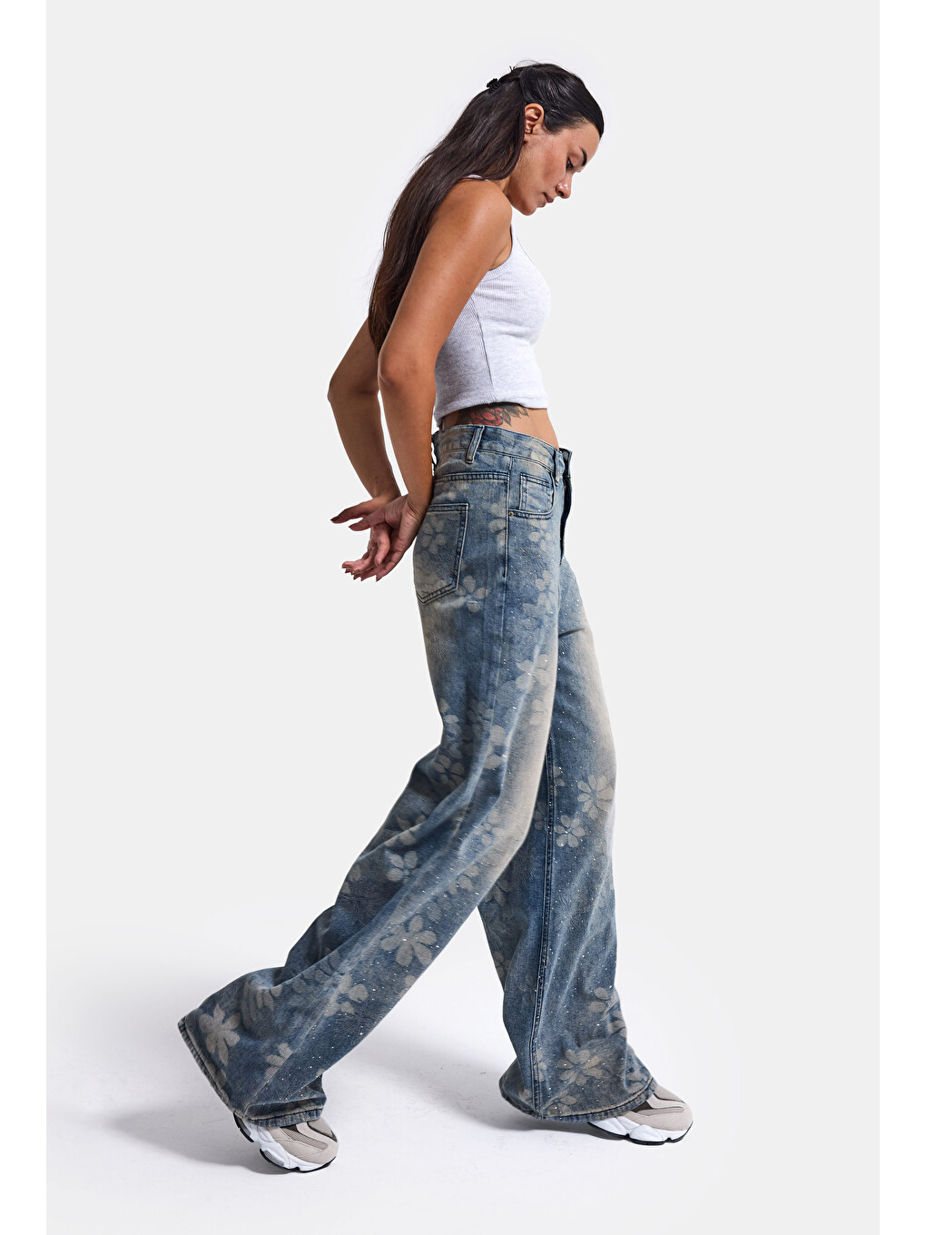 Kadın Mavi Baggy Fit T12t Özel Desenli Kumaş Parlak Taşlı Tasarım Denim Jean-4