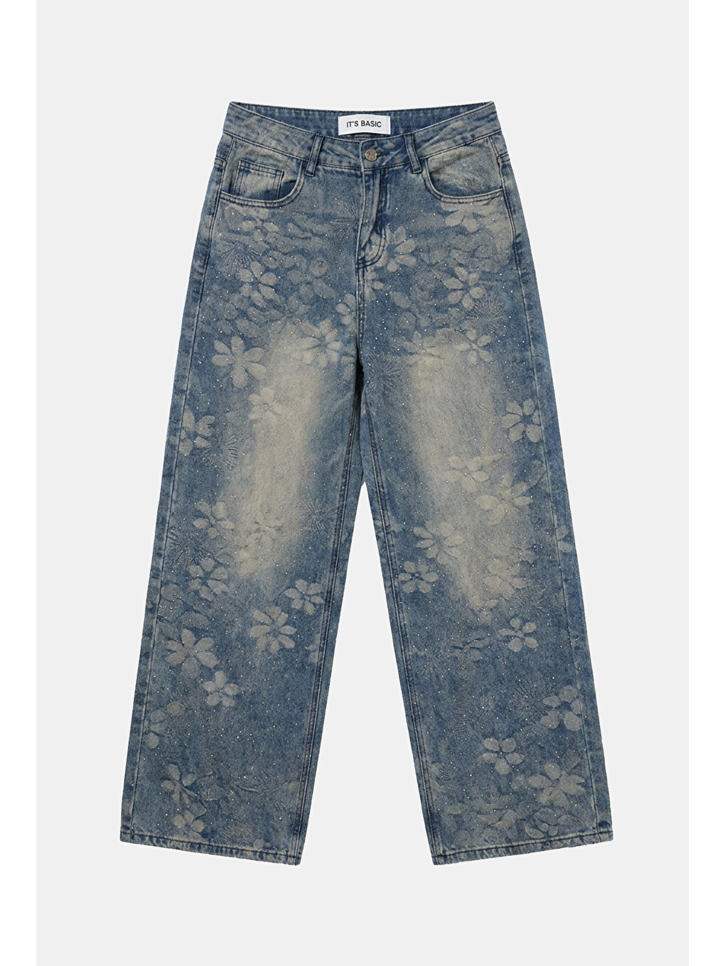 Kadın Mavi Baggy Fit T12t Özel Desenli Kumaş Parlak Taşlı Tasarım Denim Jean-6