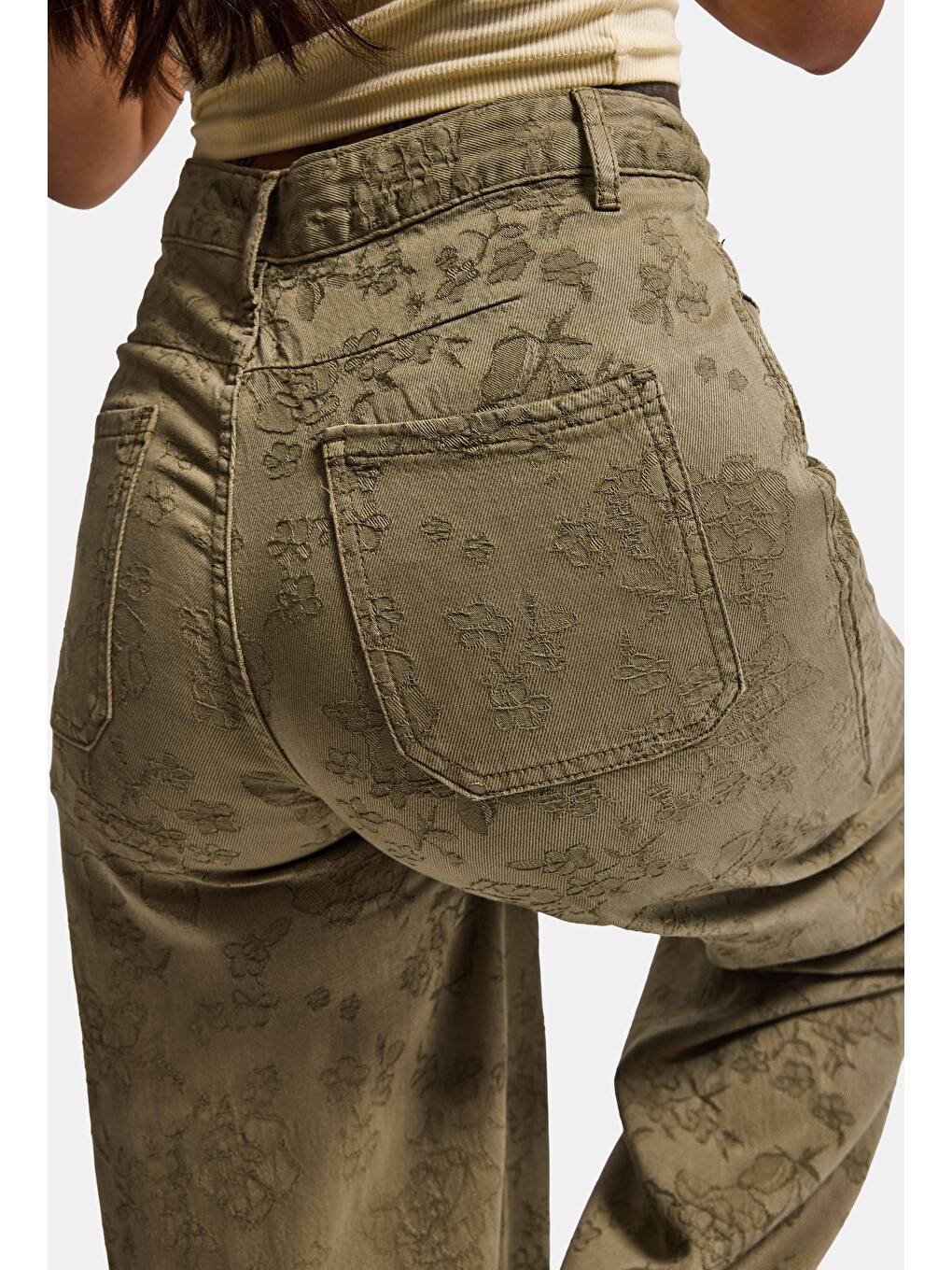 Yeşil Kadın Haki Palazzo Fit T15t Özel Desenli Kumaş Tasarım Denim Jean-1