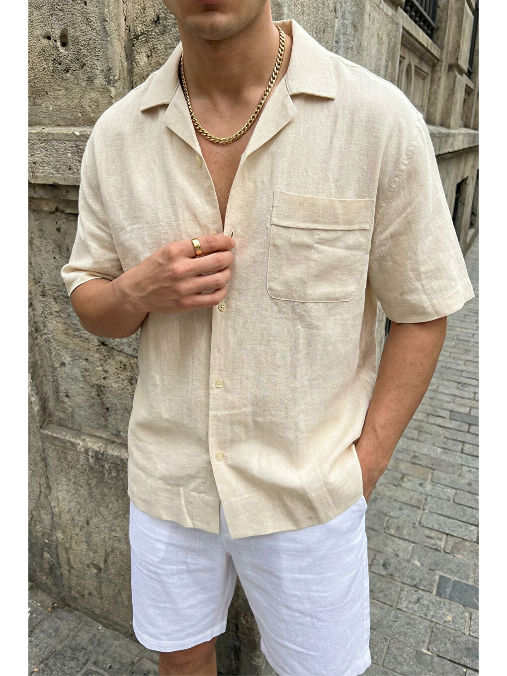 Bej Akita %100 Pamuk Erkek Kısa Kol Keten Gömlek Relaxed Fit