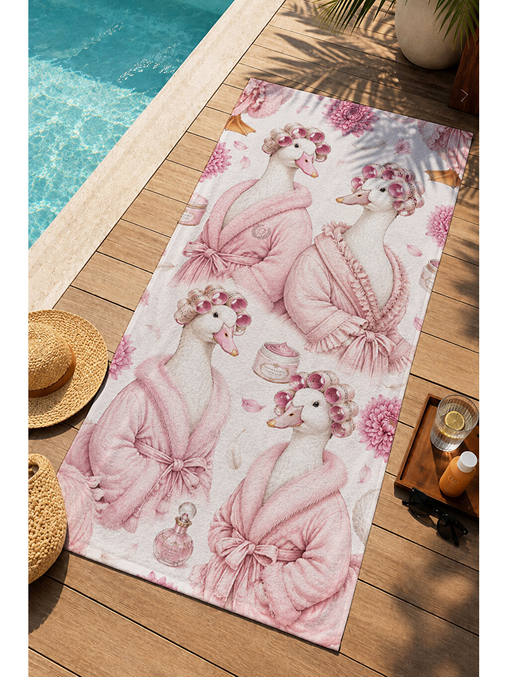 Romantik Pembe Hayvan Figürlü Toile Desenli 70x150 Plaj Havlusu - Dijital Baskılı Banyo Havlusu-1