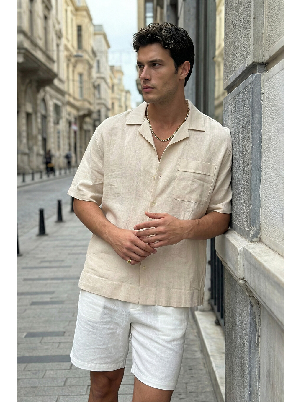 Bej Akita %100 Pamuk Erkek Kısa Kol Keten Gömlek Relaxed Fit-2