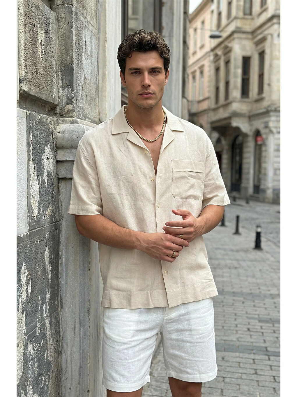 Bej Akita %100 Pamuk Erkek Kısa Kol Keten Gömlek Relaxed Fit-4
