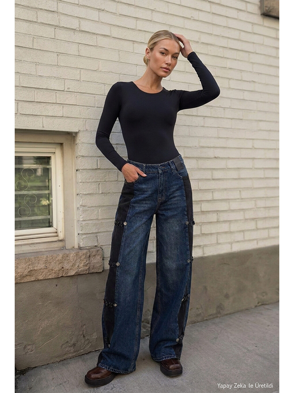 Kadın Mavi Straight Fit Süet Detaylı Özel Tasarım Napolyon Denim Jean-3