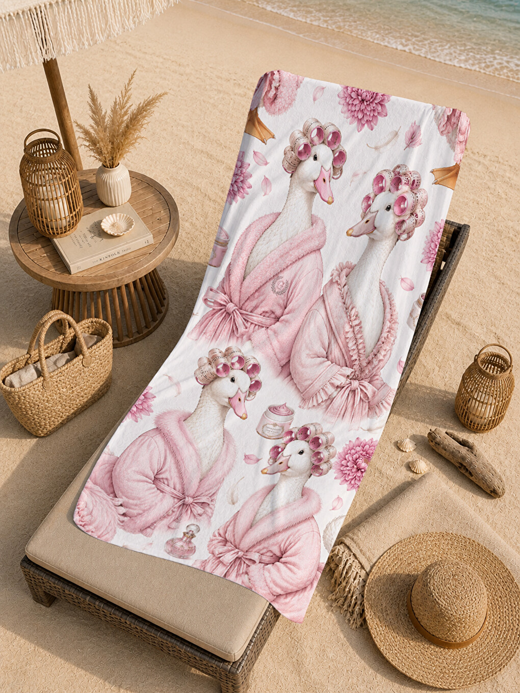 Romantik Pembe Hayvan Figürlü Toile Desenli 70x150 Plaj Havlusu - Dijital Baskılı Banyo Havlusu-3