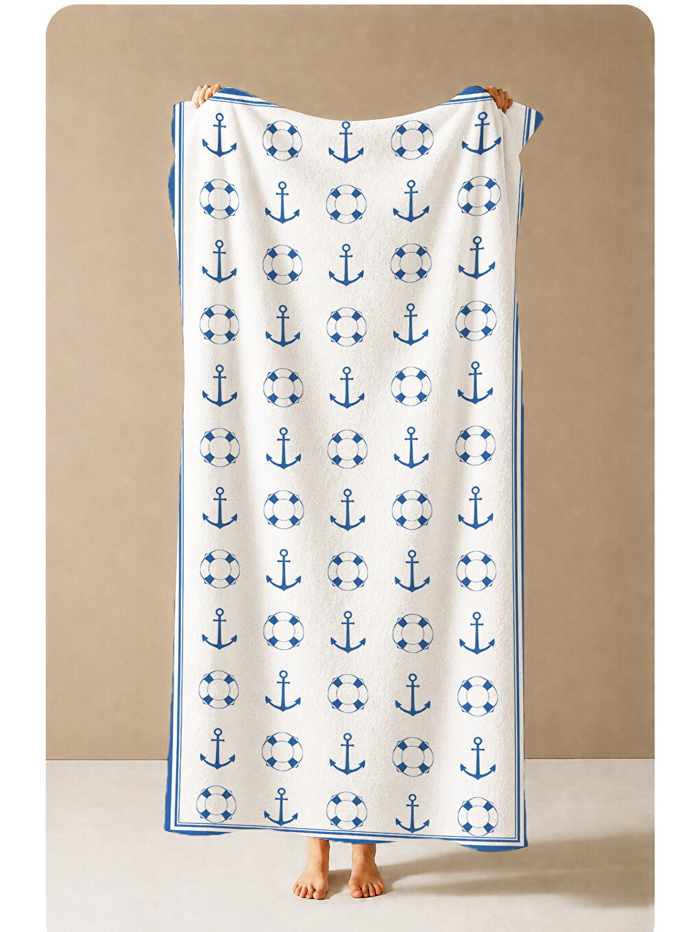 Nautical Beyaz Zemin Mini Mavi Çapa Desenli 70x150 Plaj Havlusu - Dijital Baskılı Banyo Havlusu-4