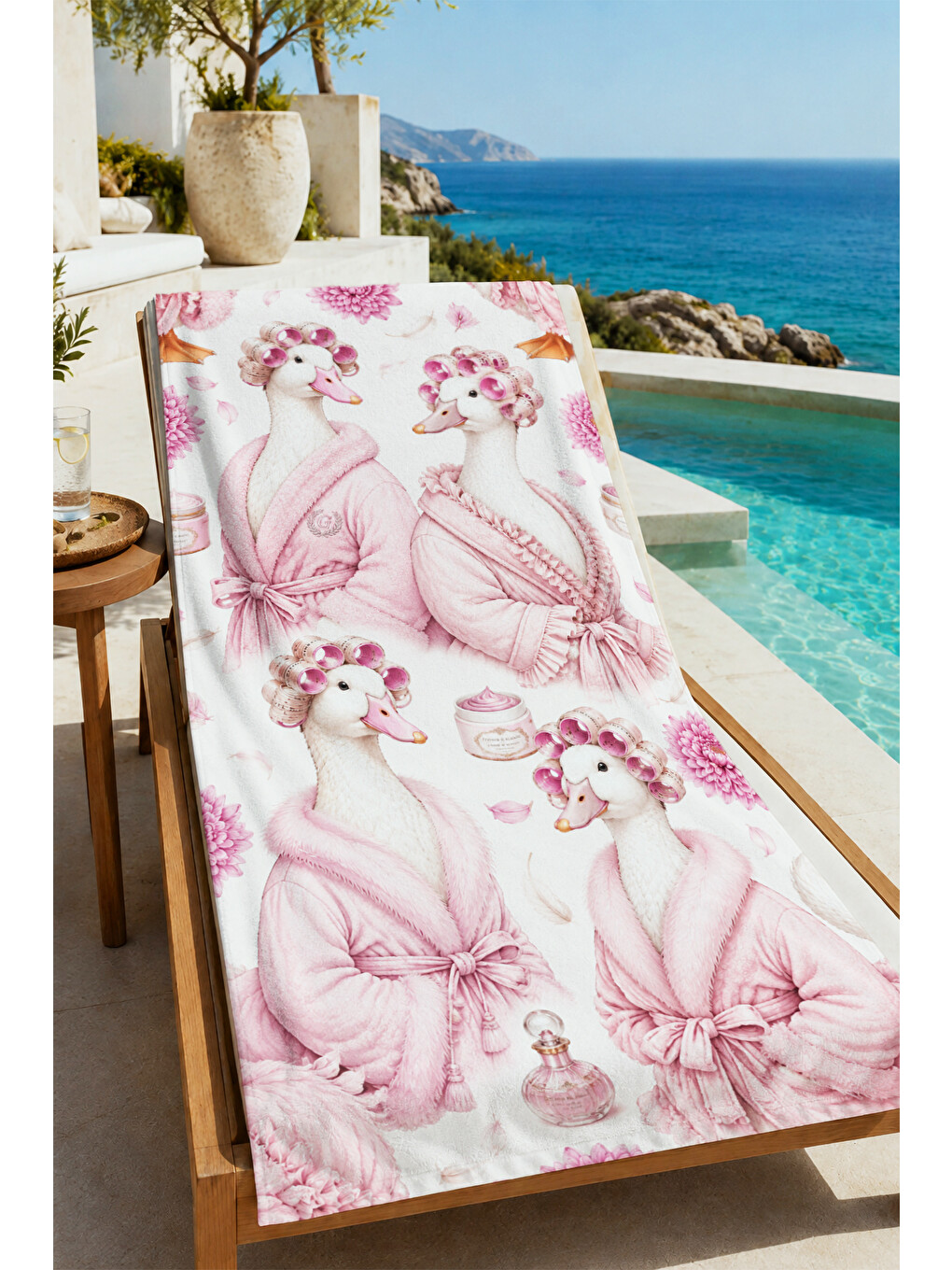 Romantik Pembe Hayvan Figürlü Toile Desenli 70x150 Plaj Havlusu - Dijital Baskılı Banyo Havlusu-4