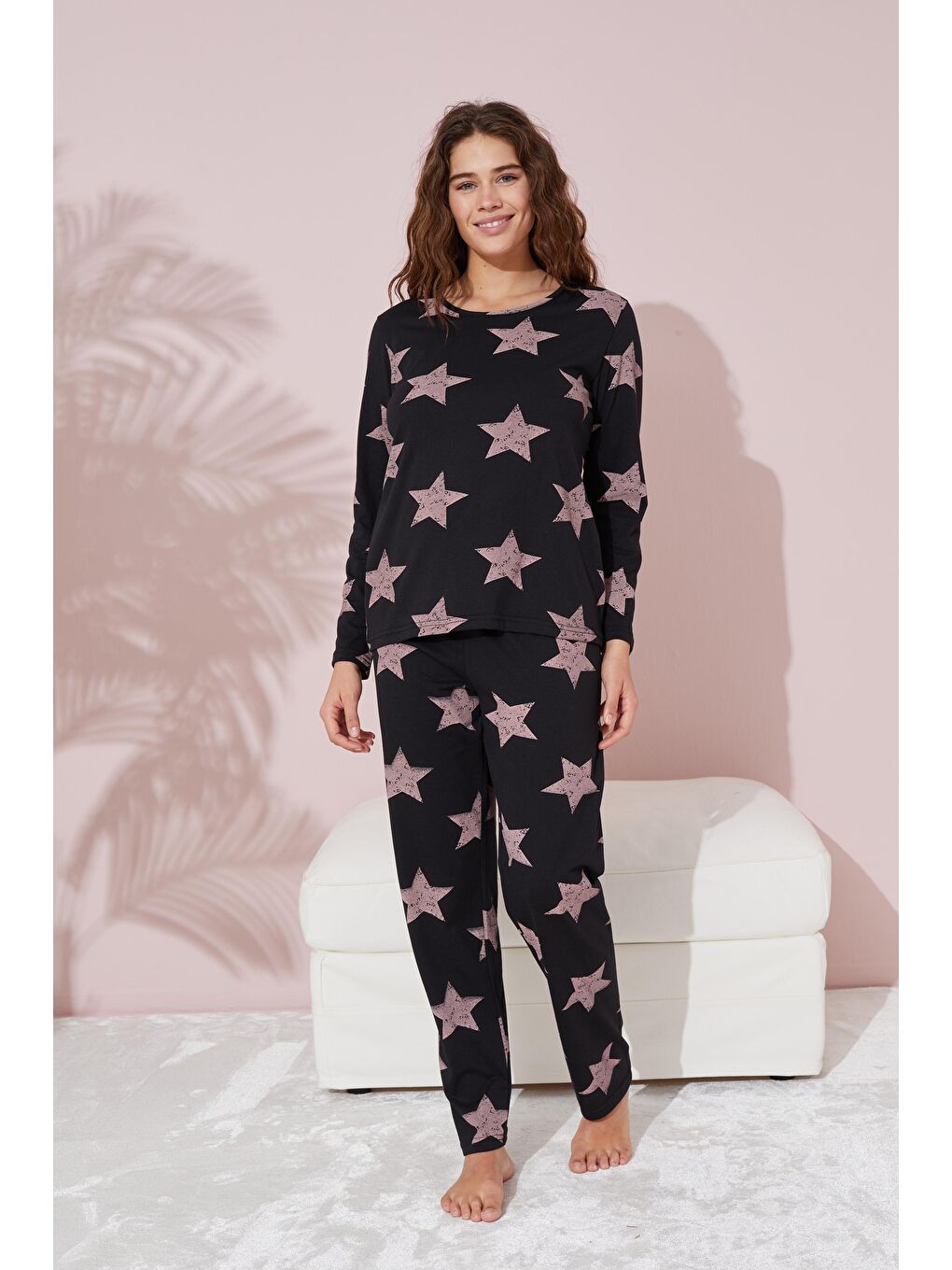 Siyah Pudra Yıldız Desenli Pamuklu Pijama Takımı-1