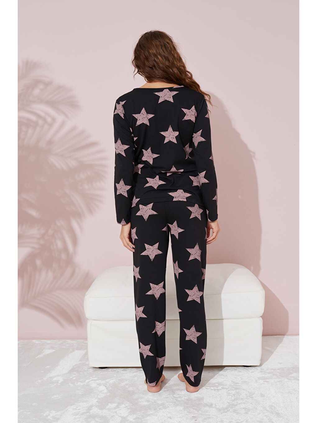 Siyah Pudra Yıldız Desenli Pamuklu Pijama Takımı-2
