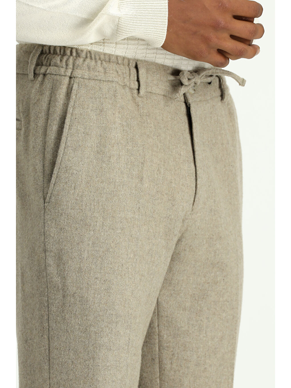 Bej Slim Fit Dar Kesim Yünlü Beli Lastikli İpli Klasik Pantolon-3