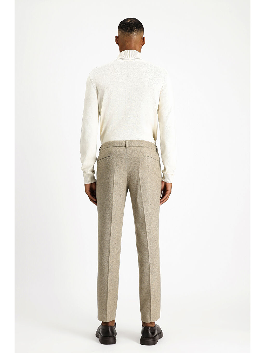 Bej Slim Fit Dar Kesim Yünlü Beli Lastikli İpli Klasik Pantolon-4
