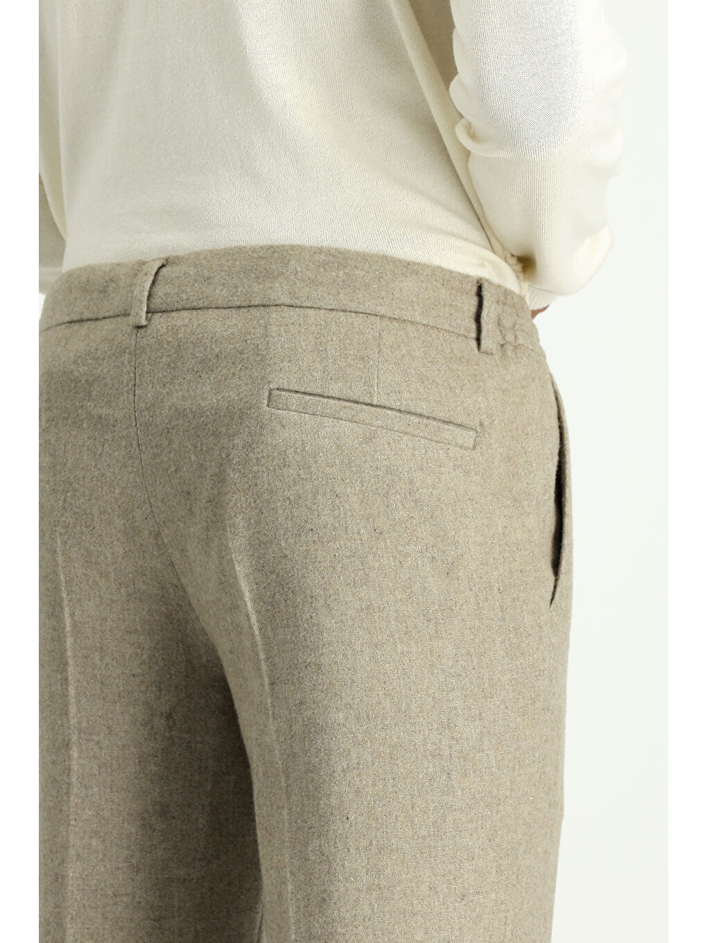 Bej Slim Fit Dar Kesim Yünlü Beli Lastikli İpli Klasik Pantolon-5