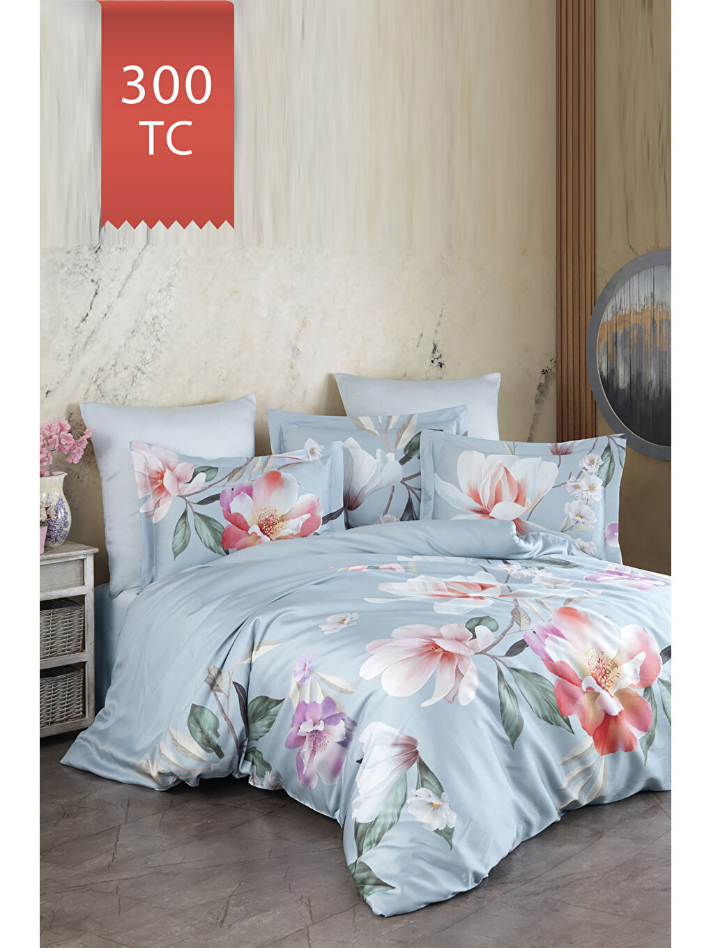 Karışık Royal Saten 300TC Nevresim Takımı (Çift Nevresimli) Family Size - ESTİVA