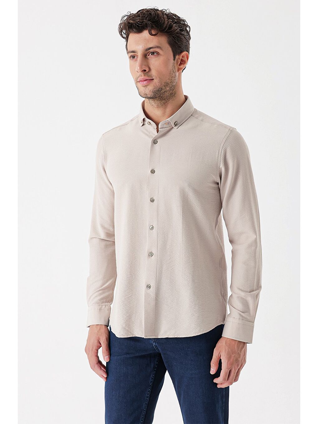 Açık Bej Uzun Kollu Çizgili Gofreli Cepsiz Klasik Slim Fit Dar Kesim Gömlek 1004230233
