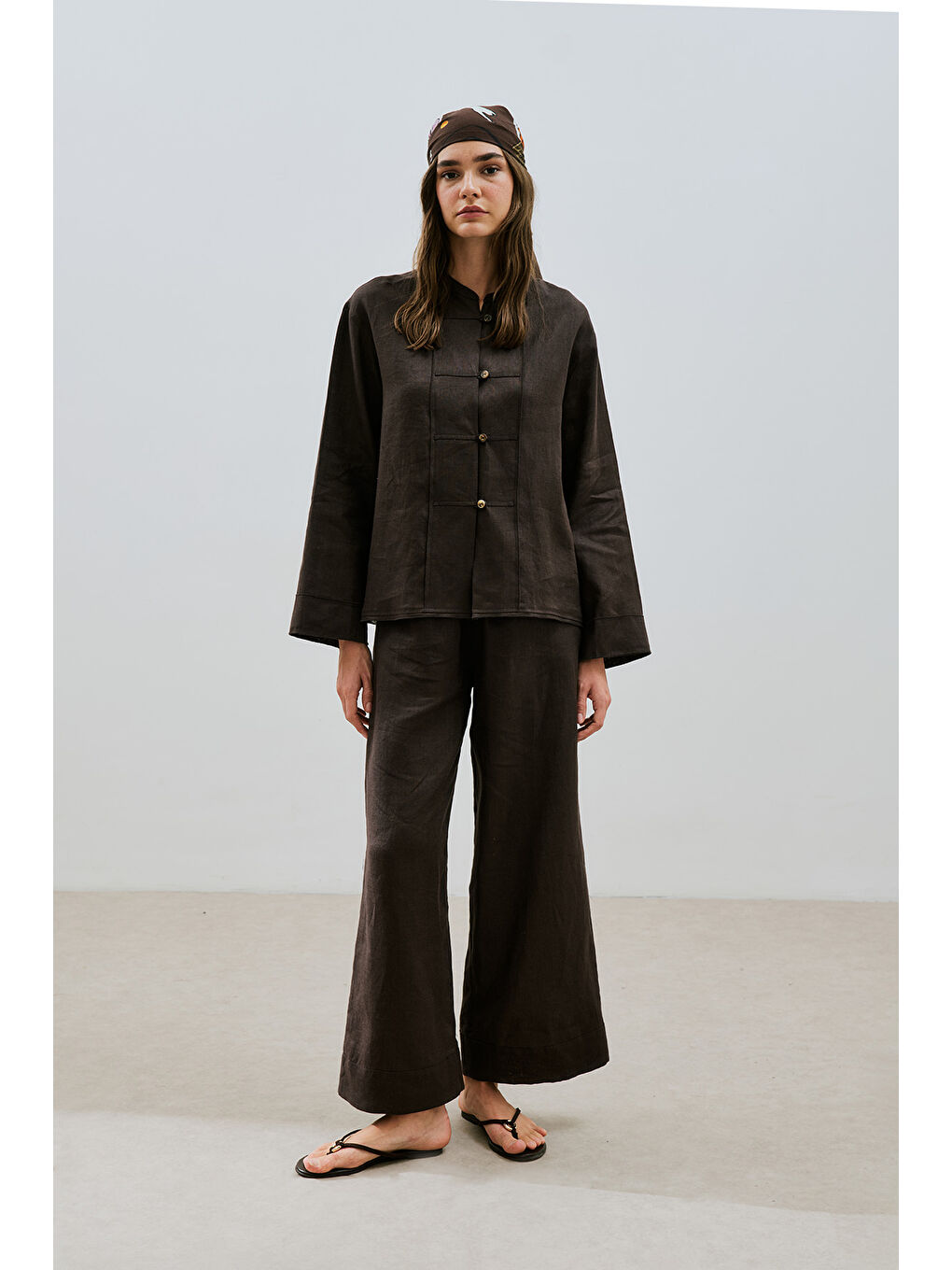 Kahverengi Keten Önden Düğmeli Gömlek Acı Kahve-1