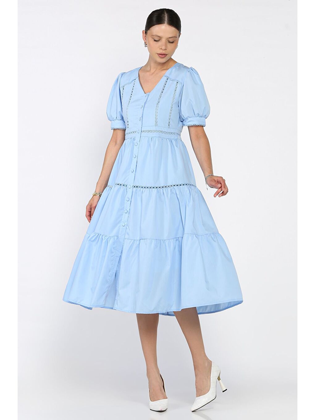 Mavi Kadın Boydan Düğmeli V Yaka Fırfırlı Balon Kol Elbise