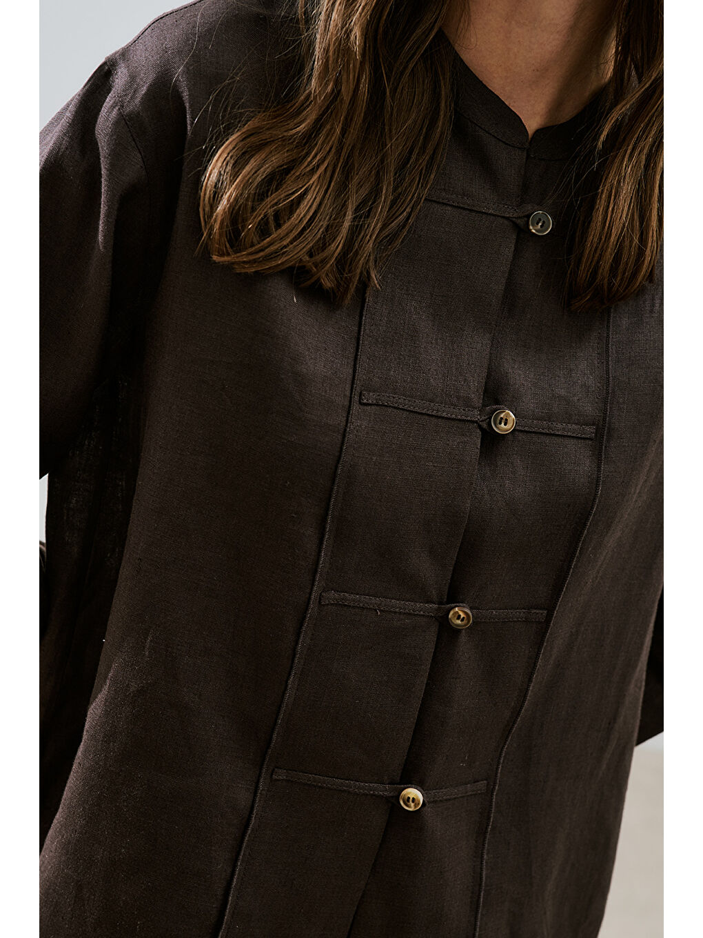 Kahverengi Keten Önden Düğmeli Gömlek Acı Kahve-2