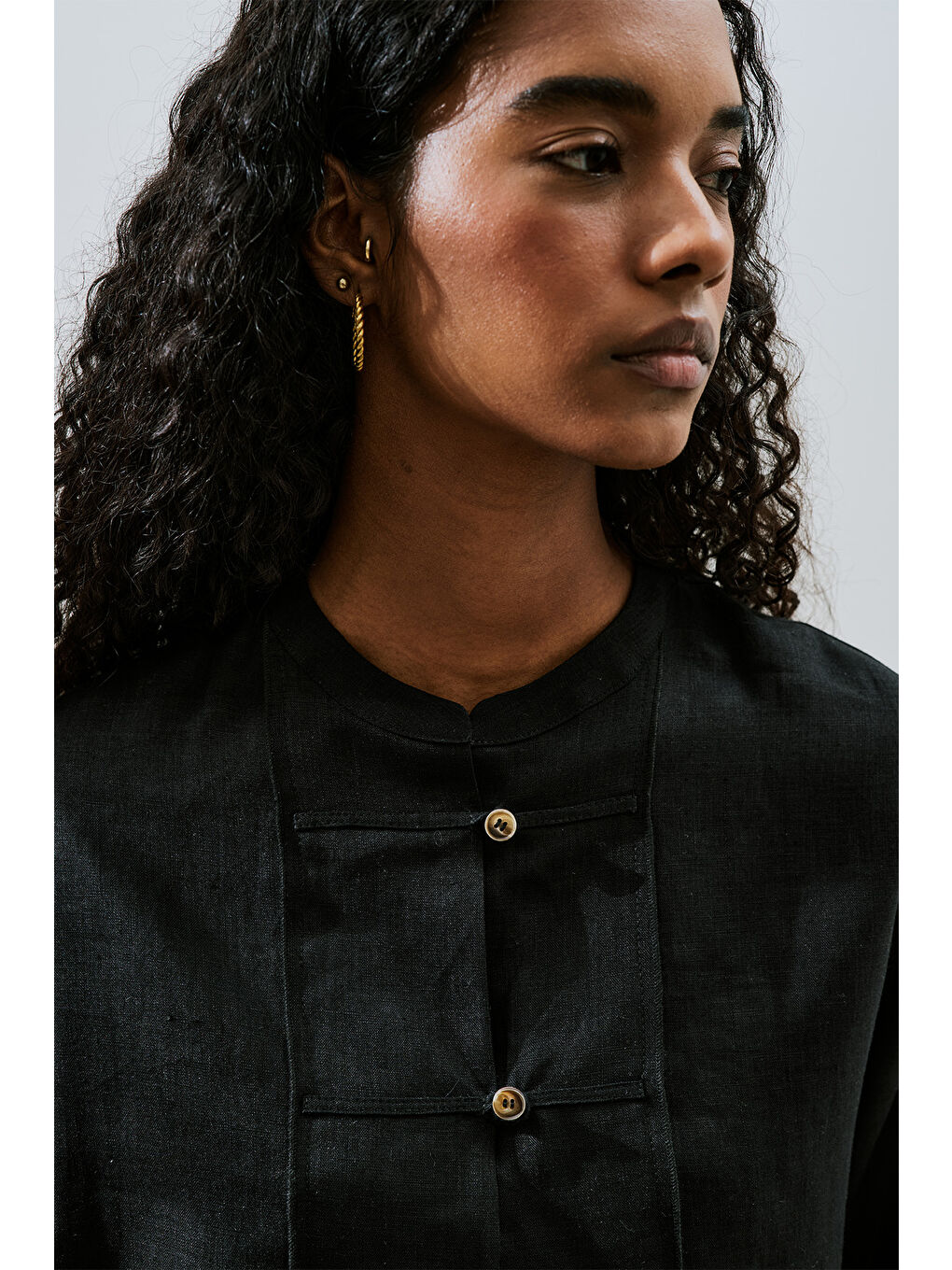 Keten Önden Düğmeli Gömlek Siyah-2