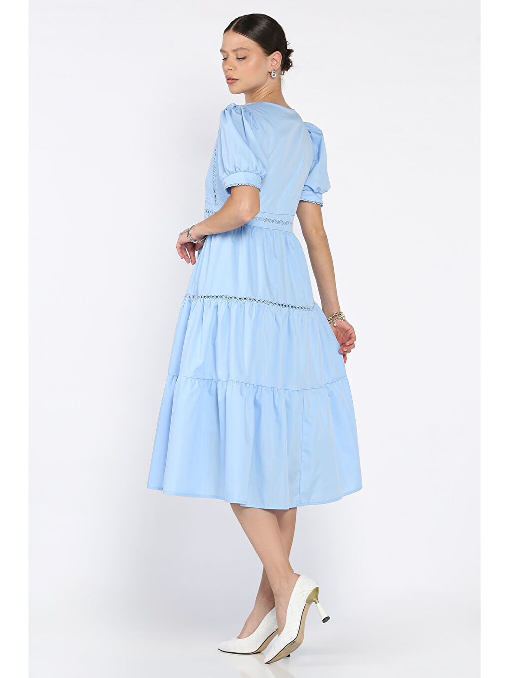 Mavi Kadın Boydan Düğmeli V Yaka Fırfırlı Balon Kol Elbise-2