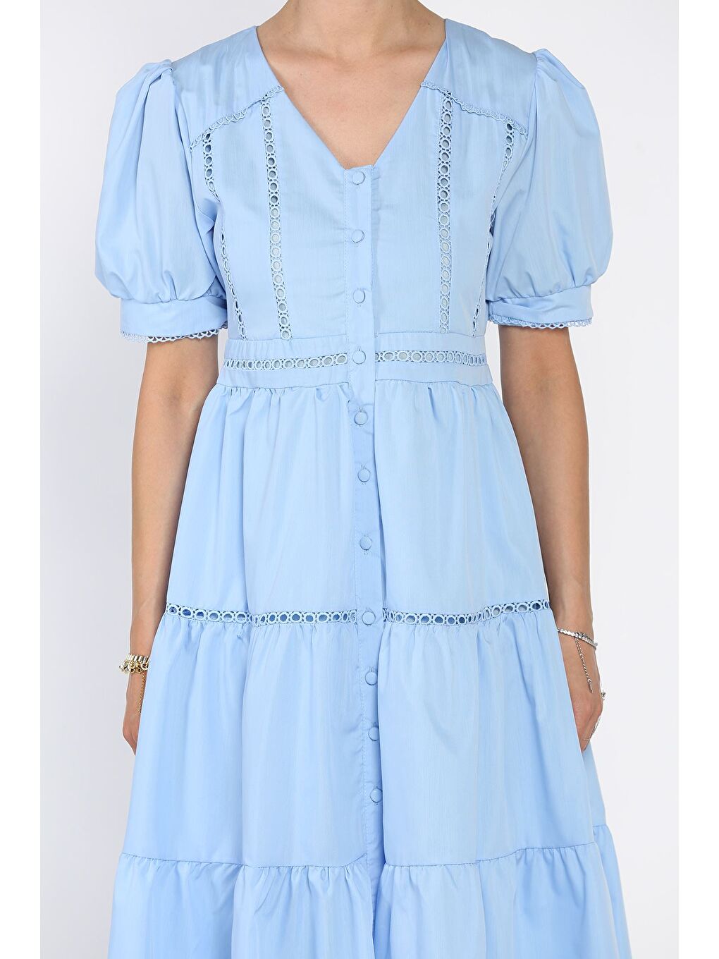 Mavi Kadın Boydan Düğmeli V Yaka Fırfırlı Balon Kol Elbise-3