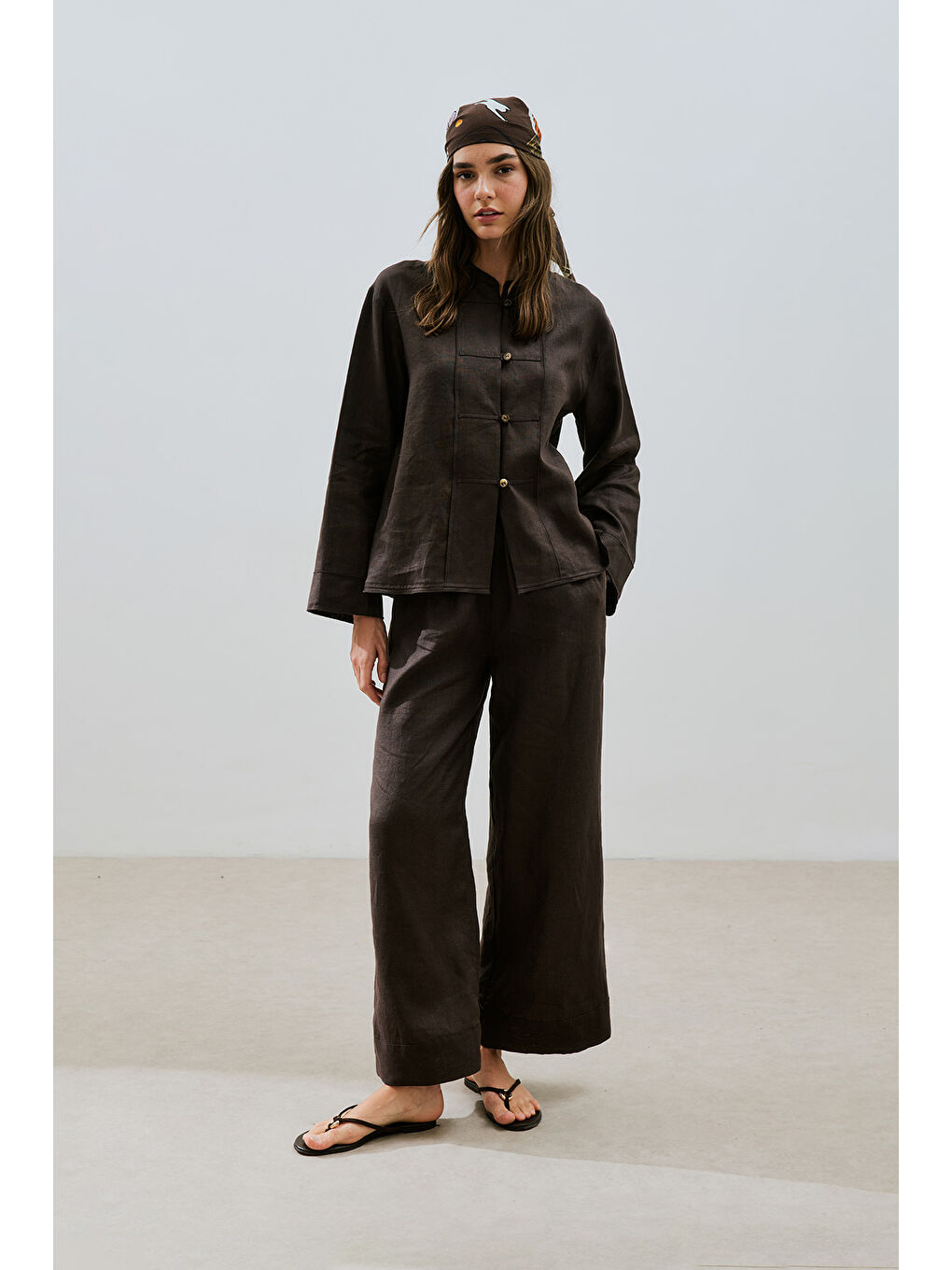 Kahverengi Keten Önden Düğmeli Gömlek Acı Kahve-3