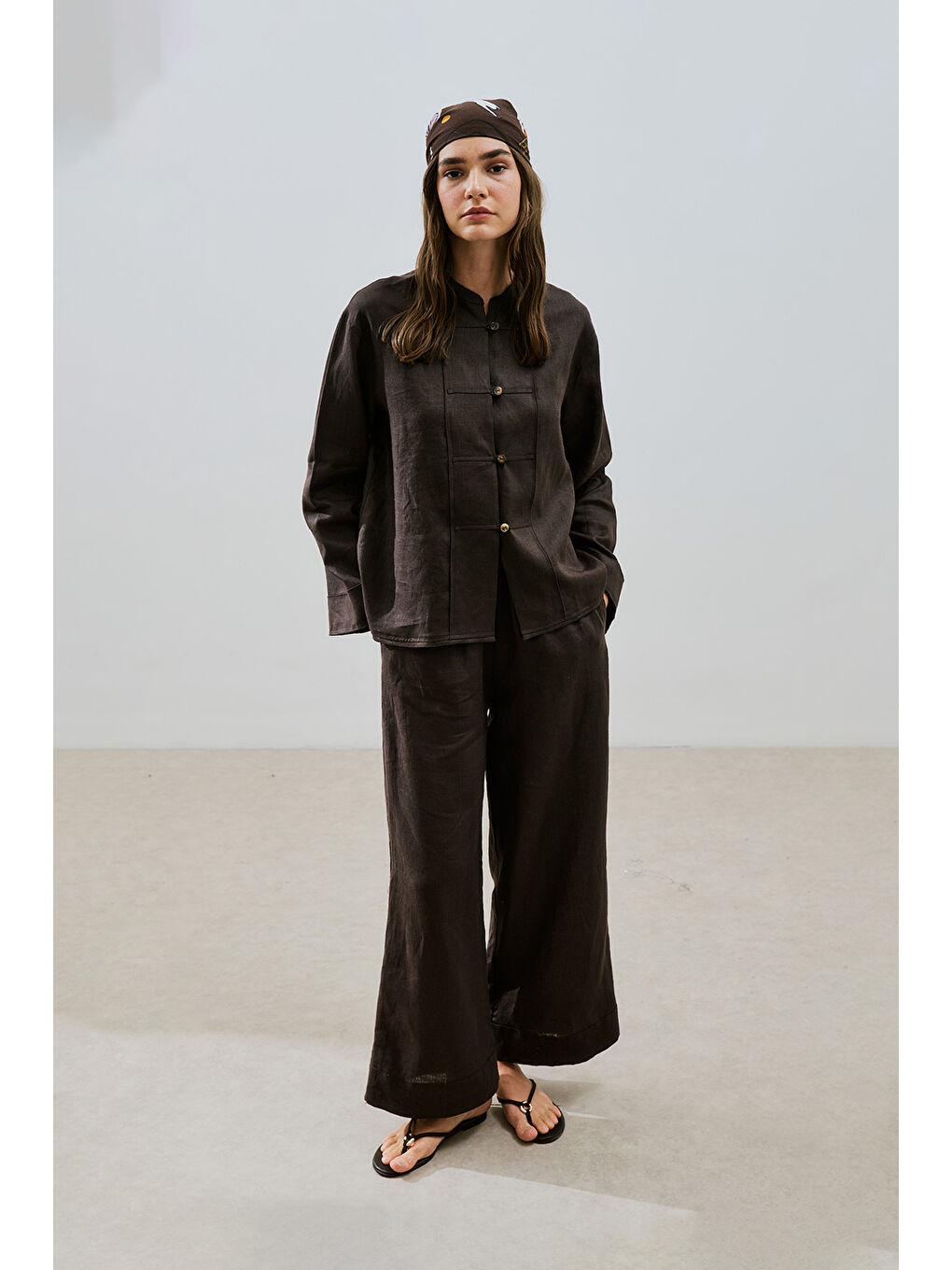 Kahverengi Keten Önden Düğmeli Gömlek Acı Kahve-4