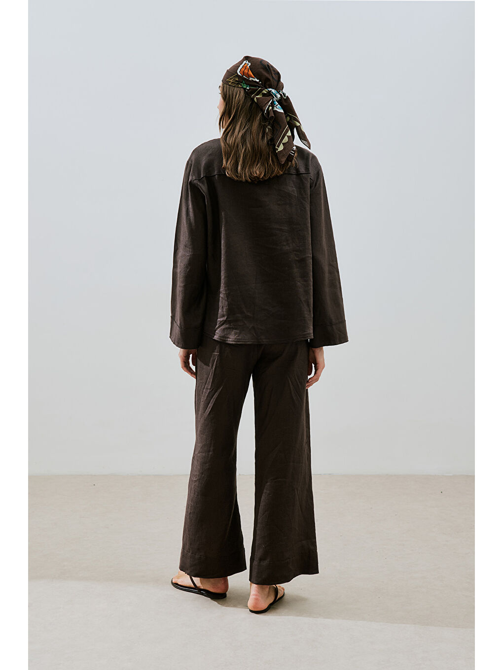 Kahverengi Keten Önden Düğmeli Gömlek Acı Kahve-5