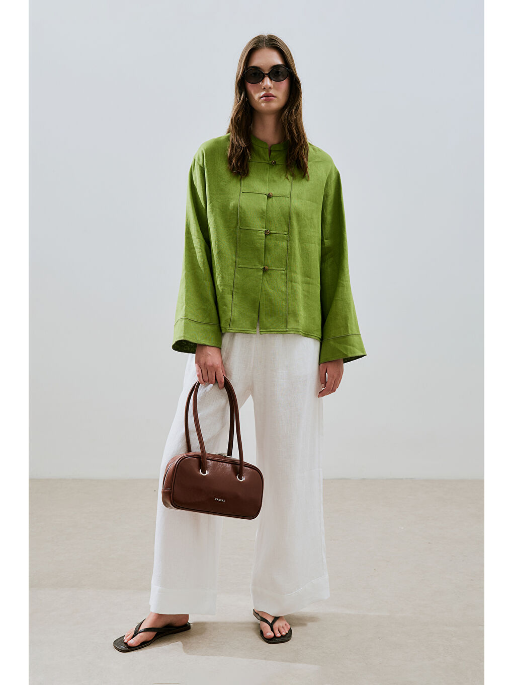 Keten Önden Düğmeli Gömlek Fıstık Yeşili