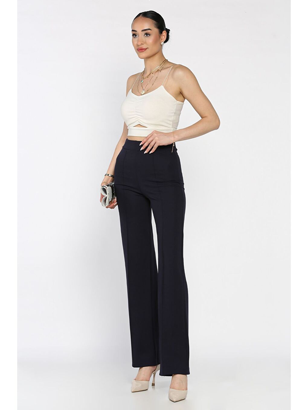 Lacivert Çimalı Kadın Bol Paça Pantolon-1