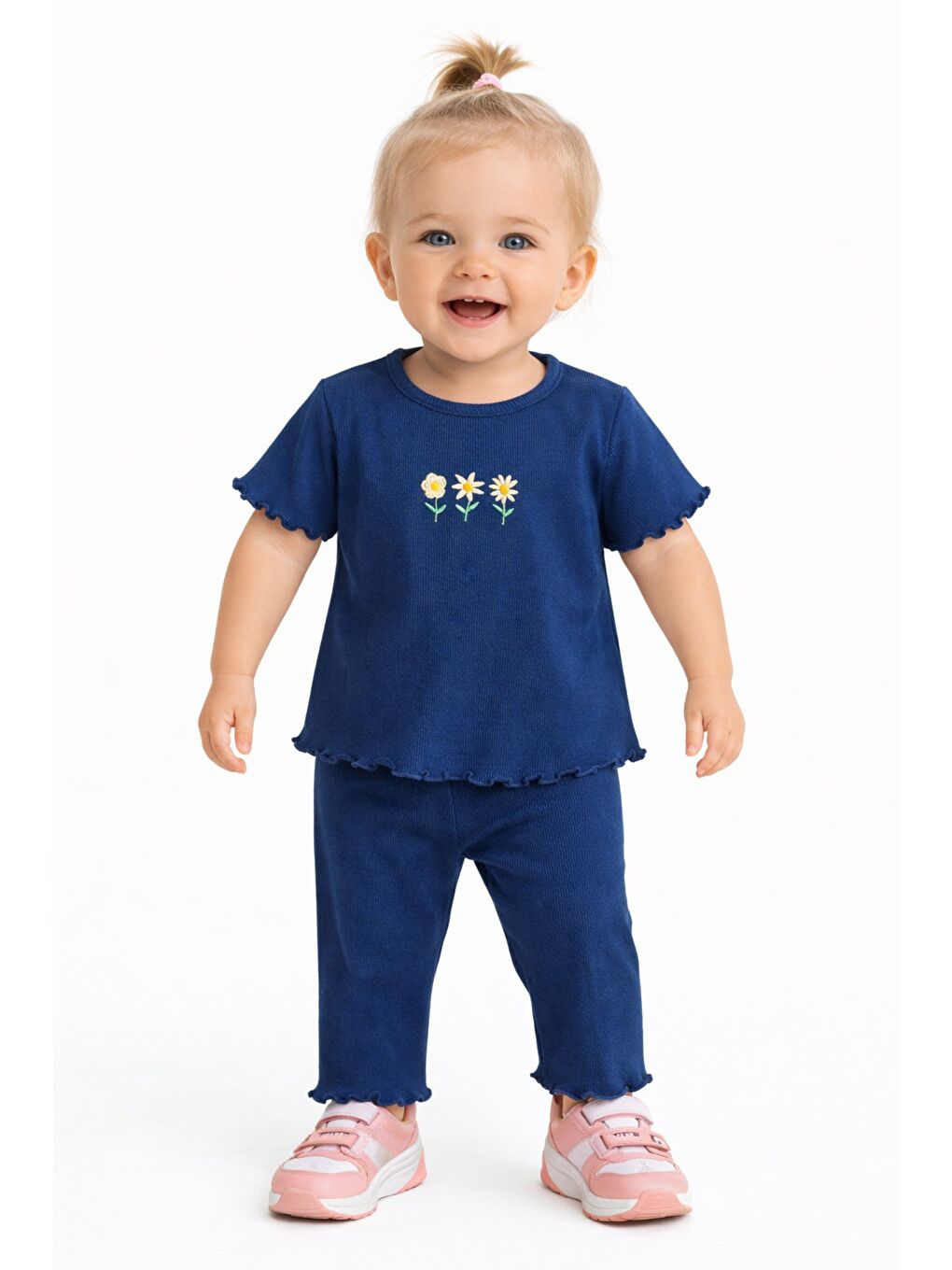 Lacivert Çiçek Nakışlı Fırfır Detaylı Kız Bebek 2’li Takım