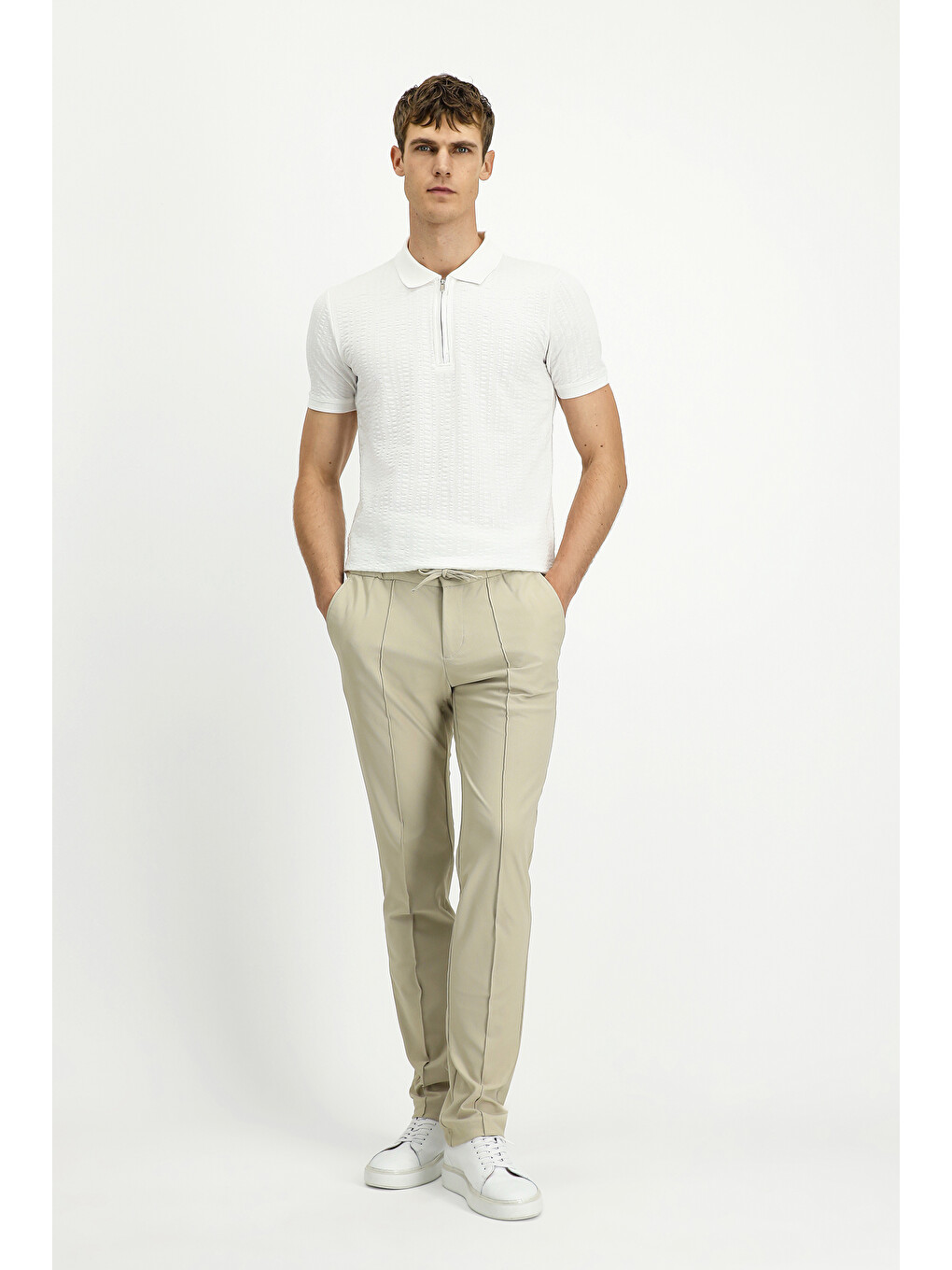 Ekru Techno-Line Super Slim Fit Ekstra Dar Kesim Elastanlı Beli Lastikli İpli Klasik Kumaş Pantolon