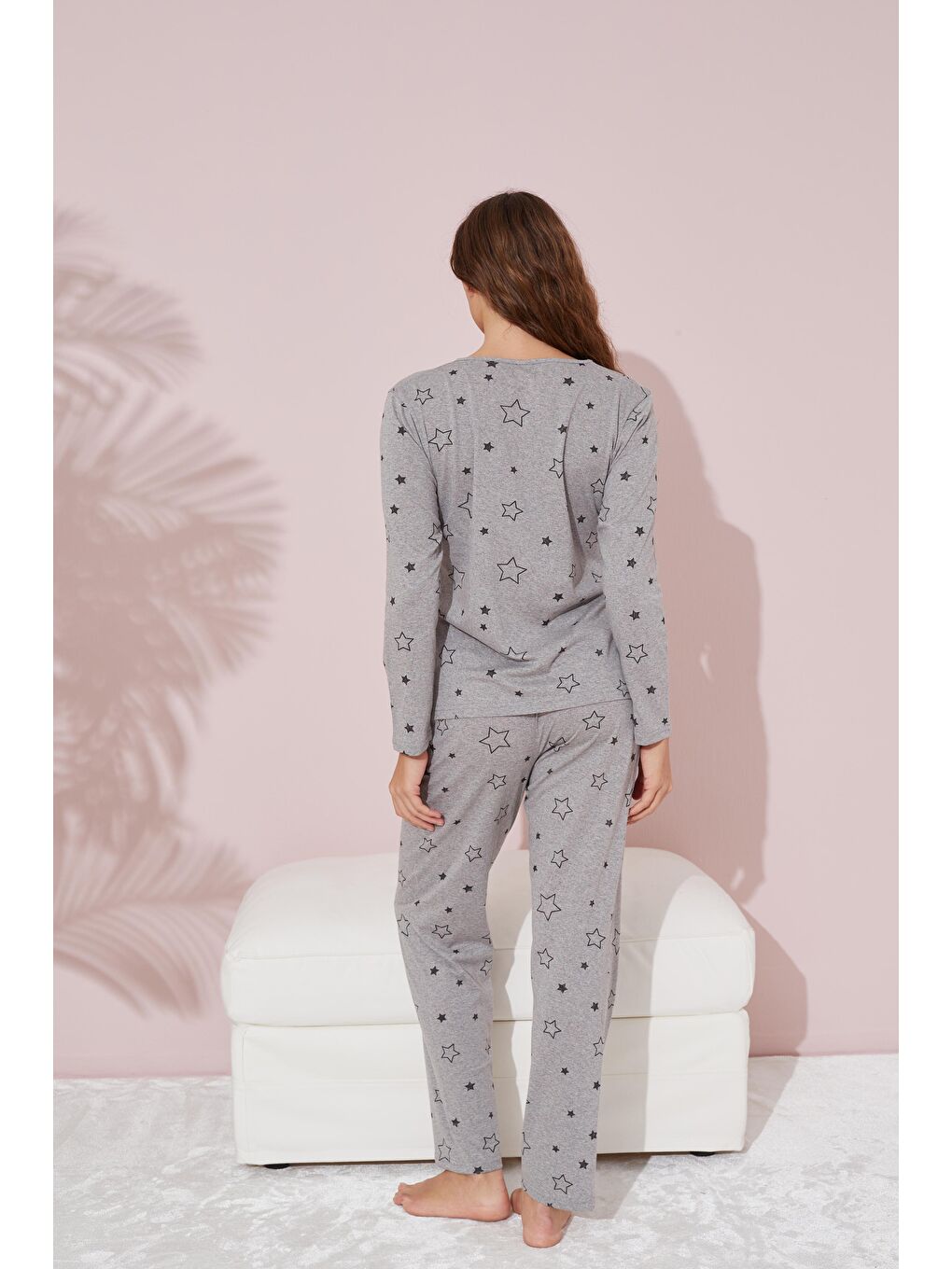 Gri Yıldız Desenli Pamuklu Pijama Takımı-2