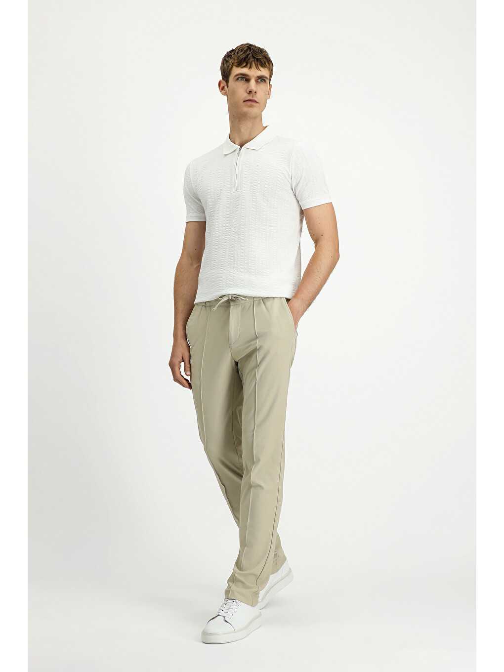 Ekru Techno-Line Super Slim Fit Ekstra Dar Kesim Elastanlı Beli Lastikli İpli Klasik Kumaş Pantolon-1